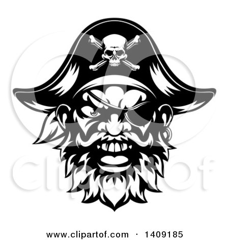 Clipart of a Black and White Tough Pirate Mascot Face with an Eye Patch and Captain Hat - Royalty Free Vector Illustration by AtStockIllustration