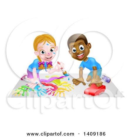 Clipart of a Cartoon Happy White Girl Kneeling and Painting Artwork and Black Boy Playing with a Car - Royalty Free Vector Illustration by AtStockIllustration
