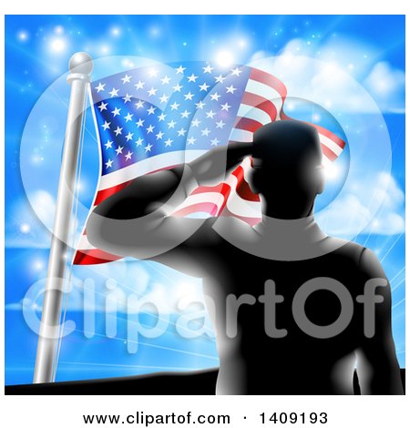 Clipart of a Black Silhouetted Solder Saluting on a Hill Top over an American Flag and Sky - Royalty Free Vector Illustration by AtStockIllustration