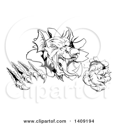Clipart of a Black and White Fierce Welsh Dragon Mascot Head Slashing Through a Wall - Royalty Free Vector Illustration by AtStockIllustration