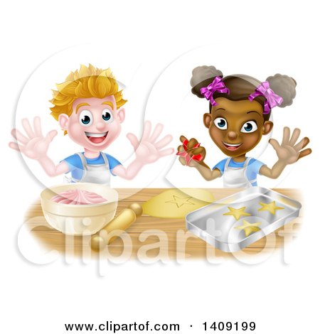 Clipart of a Happy White Boy Making Frosting and Black Girl Making Star Cookies - Royalty Free Vector Illustration by AtStockIllustration
