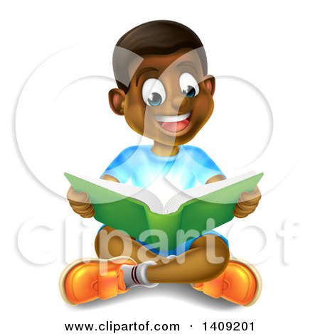 Clipart of a Happy Black Boy Sitting on the Floor and Reading a Book, with Magical Lights - Royalty Free Vector Illustration by AtStockIllustration
