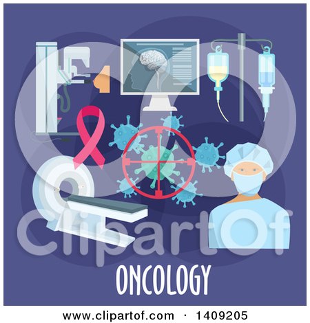 Clipart of a Flag Design Oncology Graphic with Icons and Text on Purple - Royalty Free Vector Illustration by Vector Tradition SM