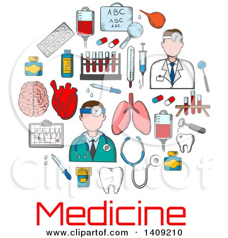 Clipart of a Circle of Sketched Medical Icons over Text - Royalty Free Vector Illustration by Vector Tradition SM