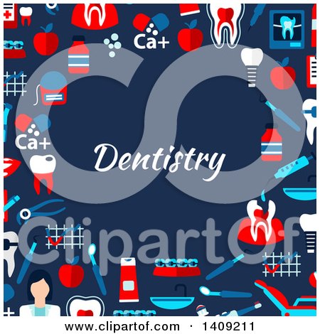 Clipart of a Flat Design Border of Dental Icons with Text on Blue - Royalty Free Vector Illustration by Vector Tradition SM