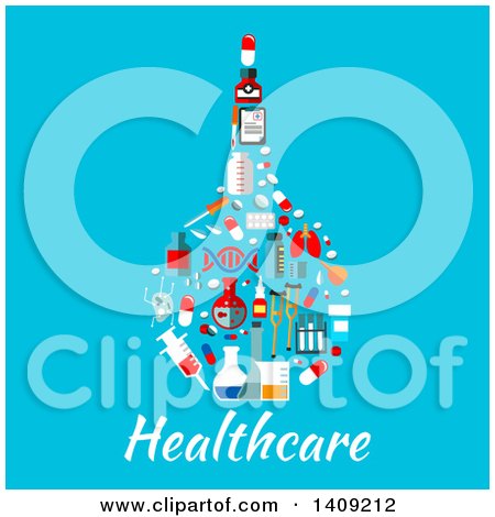 Clipart of a Flat Design Rectal Bulb Syringe Formed of Medical Icons, with Text on Blue - Royalty Free Vector Illustration by Vector Tradition SM