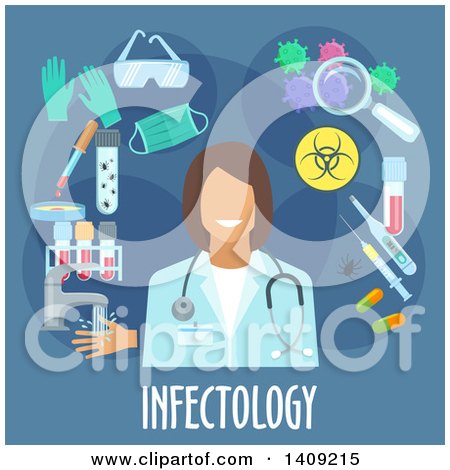 Clipart of a Flag Design Infectology Graphic with Icons and Text on Blue - Royalty Free Vector Illustration by Vector Tradition SM