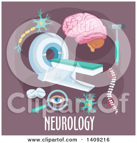 Clipart of a Flag Design Neurology Graphic with Icons and Text on Purple - Royalty Free Vector Illustration by Vector Tradition SM