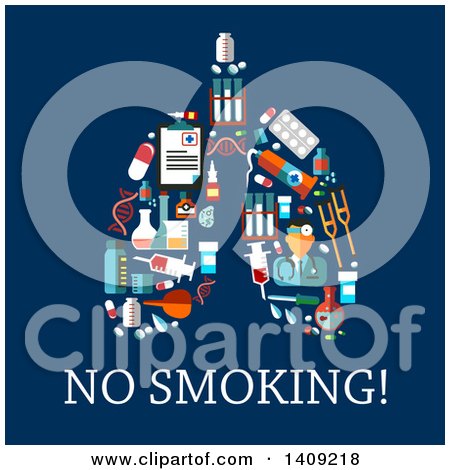 Clipart of a Pair of Lungs Formed of Medical Icons, over No Smoking Text on Blue - Royalty Free Vector Illustration by Vector Tradition SM