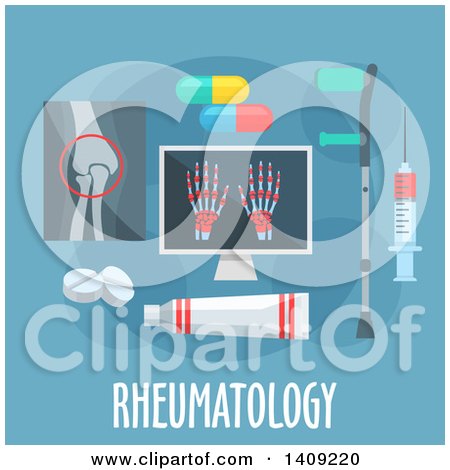 Clipart of a Flag Design Rheumatology Graphic with Icons and Text on Blue - Royalty Free Vector Illustration by Vector Tradition SM