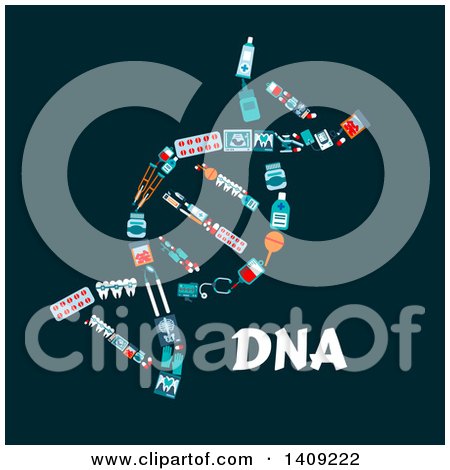 Clipart of a Flat Design Dna Strand Formed of Icons, with Text on a Dark Background - Royalty Free Vector Illustration by Vector Tradition SM