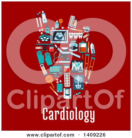 Clipart of a Flat Design Human Heart Formed of Medical Icons, with Text on Red - Royalty Free Vector Illustration by Vector Tradition SM