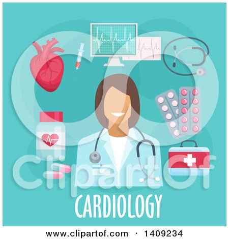 Clipart of a Flag Design Cardiology Graphic with Icons and Text on Blue - Royalty Free Vector Illustration by Vector Tradition SM