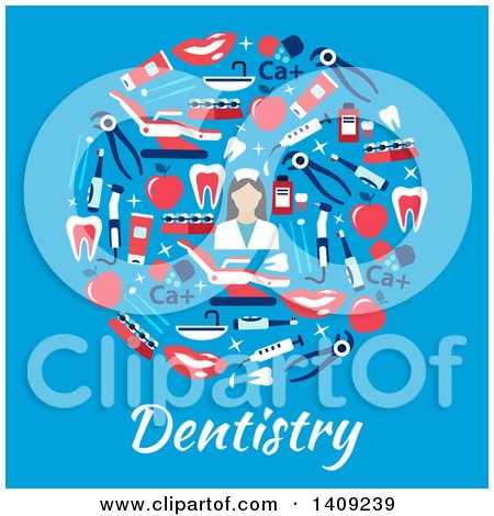 Clipart of a Flat Design Circle Formed of Dental Icons, with Text on Blue - Royalty Free Vector Illustration by Vector Tradition SM