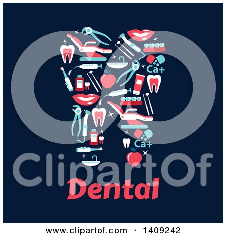 Clipart of a Flat Design Tooth Formed of Dental Icons, with Text on Blue - Royalty Free Vector Illustration by Vector Tradition SM