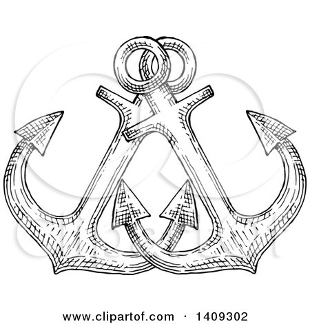 Clipart of Black and White Sketched Crossed Anchors - Royalty Free Vector Illustration by Vector Tradition SM