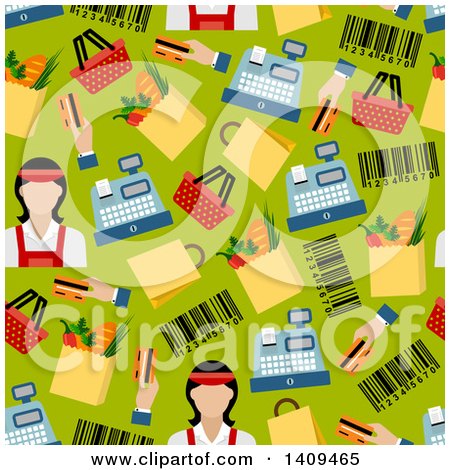 Clipart of a Seamless Background Pattern of a Cashier and Items - Royalty Free Vector Illustration by Vector Tradition SM