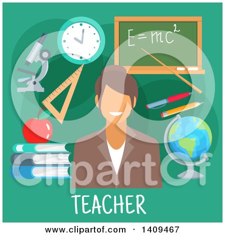 Clipart of a Flat Design Female Teacher with Icons on Green - Royalty Free Vector Illustration by Vector Tradition SM