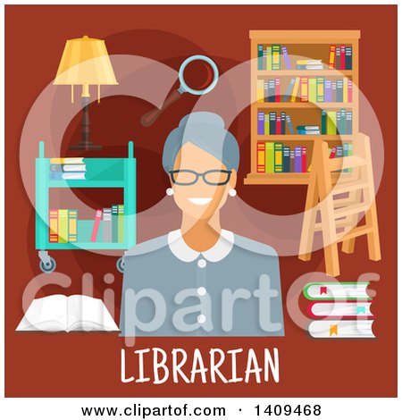 Clipart of a Flat Design Librarian with Icons on Brown - Royalty Free Vector Illustration by Vector Tradition SM
