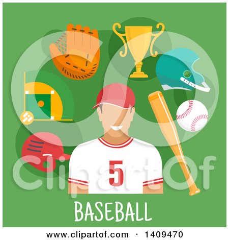 Clipart of a Flat Design Baseball Player with Icons on Green - Royalty Free Vector Illustration by Vector Tradition SM