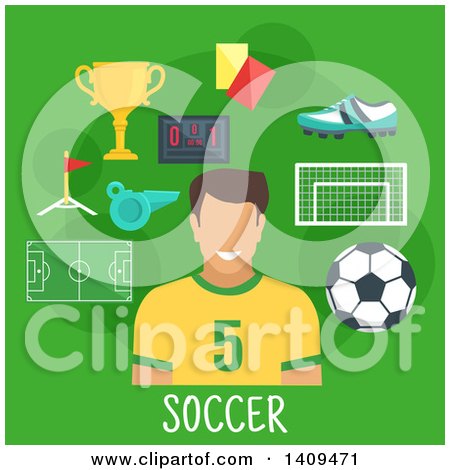 Clipart of a Flat Design Soccer Player with Icons on Green - Royalty Free Vector Illustration by Vector Tradition SM