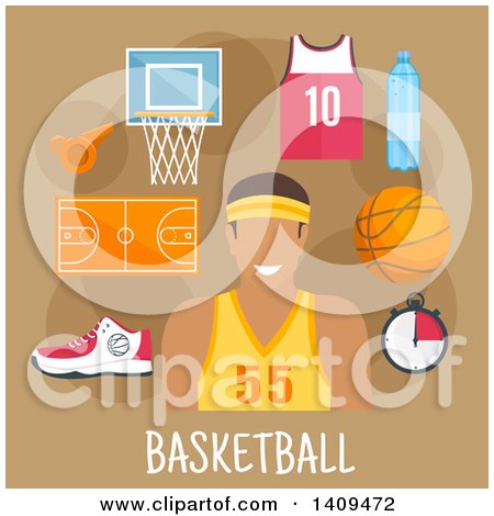 Clipart of a Flat Design Basketball Player with Icons on Brown - Royalty Free Vector Illustration by Vector Tradition SM