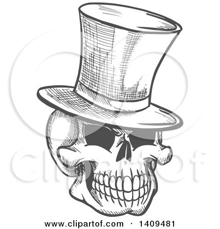 Clipart of a Sketched Gray Skull Wearing a Top Hat - Royalty Free Vector Illustration by Vector Tradition SM