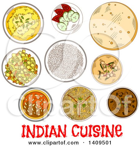 Clipart of a Setting of Sketched Indian Cuisine - Royalty Free Vector Illustration by Vector Tradition SM