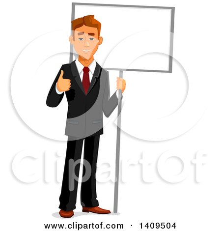 Clipart of a Caucasian Business Man Giving a Thumb up and Holding a Blank Sign - Royalty Free Vector Illustration by Vector Tradition SM