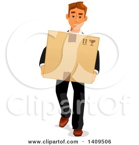 Clipart of a Caucasian Business Man Carrying a Box - Royalty Free Vector Illustration by Vector Tradition SM