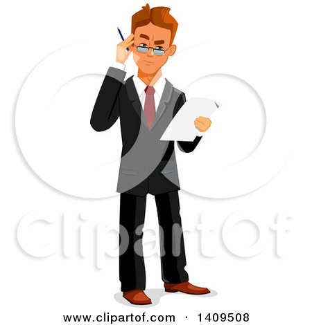 Clipart of a Caucasian Business Man Looking Skeptical and Holding an Application - Royalty Free Vector Illustration by Vector Tradition SM