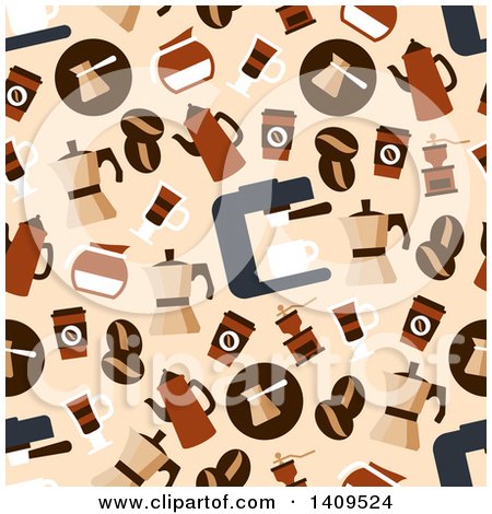 Clipart of a Seamless Background Pattern of Coffee Pots, Beans, Cups and Makers - Royalty Free Vector Illustration by Vector Tradition SM