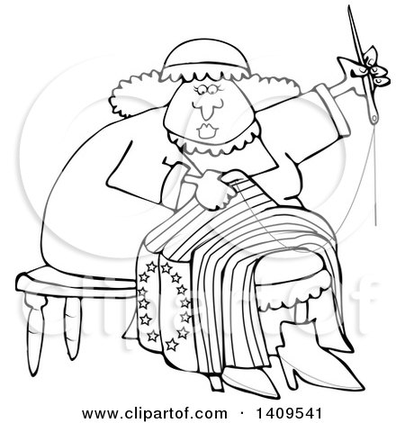 Clipart of a Cartoon Black and White Lineart Woman, Betsy Ross, Sewing a Flag - Royalty Free Vector Illustration by djart