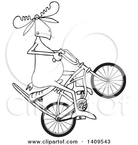 Clipart of a Cartoon Black and White Lineart Moose Popping a Wheelie on a Stingray Bicycle - Royalty Free Vector Illustration by djart