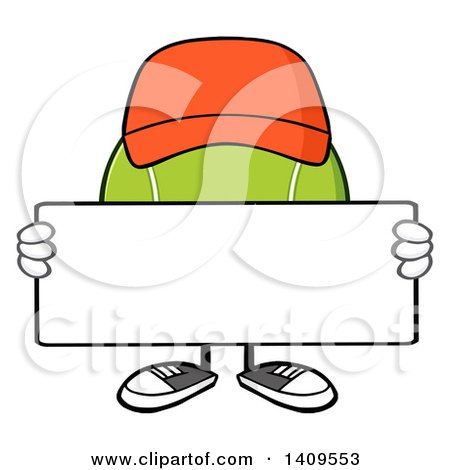 Clipart of a Cartoon Tennis Ball Character Mascot Wearing a Hat and Holding a Blank Sign - Royalty Free Vector Illustration by Hit Toon