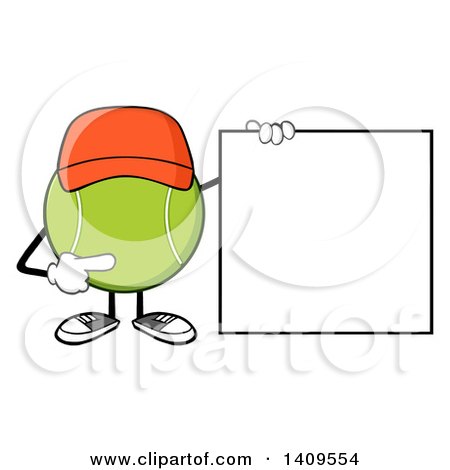 Clipart of a Cartoon Tennis Ball Character Mascot Wearing a Hat and Pointing to a Blank Sign - Royalty Free Vector Illustration by Hit Toon