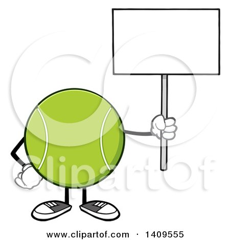 Clipart of a Cartoon Tennis Ball Character Mascot Holding up a Blank Sign - Royalty Free Vector Illustration by Hit Toon