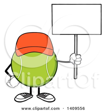 Clipart of a Cartoon Tennis Ball Character Mascot Wearing a Hat and Holding up a Blank Sign - Royalty Free Vector Illustration by Hit Toon