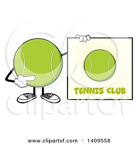 Clipart of a Cartoon Tennis Ball Character Mascot Pointing to a Sign - Royalty Free Vector Illustration by Hit Toon
