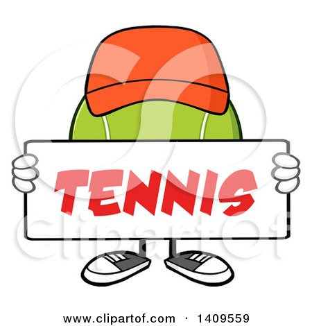 Clipart of a Cartoon Tennis Ball Character Mascot Wearing a Hat and Holding a Sign - Royalty Free Vector Illustration by Hit Toon