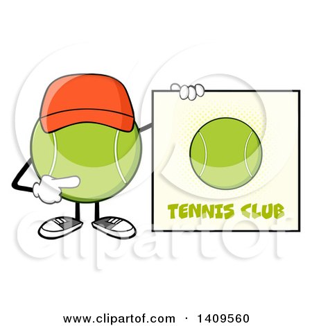 Clipart of a Cartoon Tennis Ball Character Mascot Wearing a Hat and Pointing to a Sign - Royalty Free Vector Illustration by Hit Toon