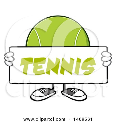 Clipart of a Cartoon Tennis Ball Character Mascot Holding a Sign - Royalty Free Vector Illustration by Hit Toon