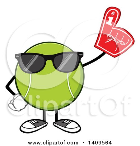 Clipart of a Cartoon Tennis Ball Character Mascot Wearing Sunglasses and a Foam Finger - Royalty Free Vector Illustration by Hit Toon