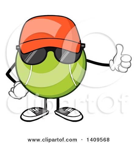 Clipart of a Cartoon Tennis Ball Character Mascot Wearing a Hat and Sunglasses and Giving a Thumb up - Royalty Free Vector Illustration by Hit Toon