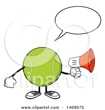 Clipart of a Cartoon Tennis Ball Character Mascot Using a Megaphone - Royalty Free Vector Illustration by Hit Toon