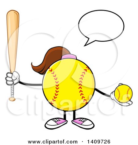 Clipart of a Cartoon Female Softball Character Mascot Talking, Holding a Bat and Ball - Royalty Free Vector Illustration by Hit Toon