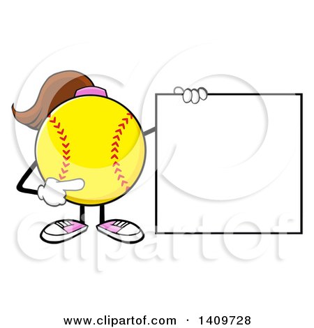 Clipart of a Cartoon Female Softball Character Mascot Holding and Pointing to a Blank Sign - Royalty Free Vector Illustration by Hit Toon