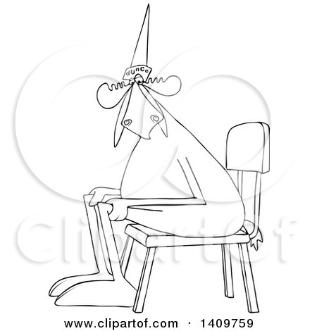 Cartoon Clipart of a Black and White Lineart Moose Wearing a Dunce Hat and Sitting in a Chair - Royalty Free Vector Illustration by djart
