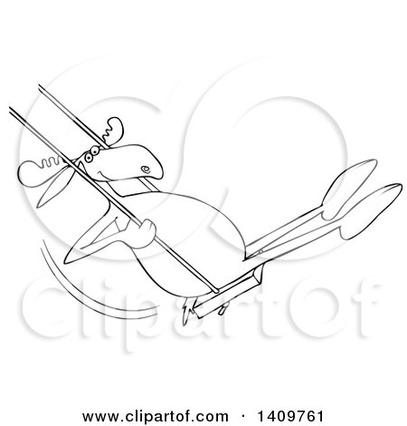 Cartoon Clipart of a Black and White Lineart Moose Playing on a Swing - Royalty Free Vector Illustration by djart