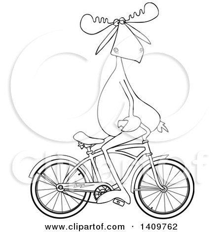 Cartoon Clipart of a Black and White Lineart Moose Sitting on Handelbars and Riding a Bicycle Backwards - Royalty Free Vector Illustration by djart